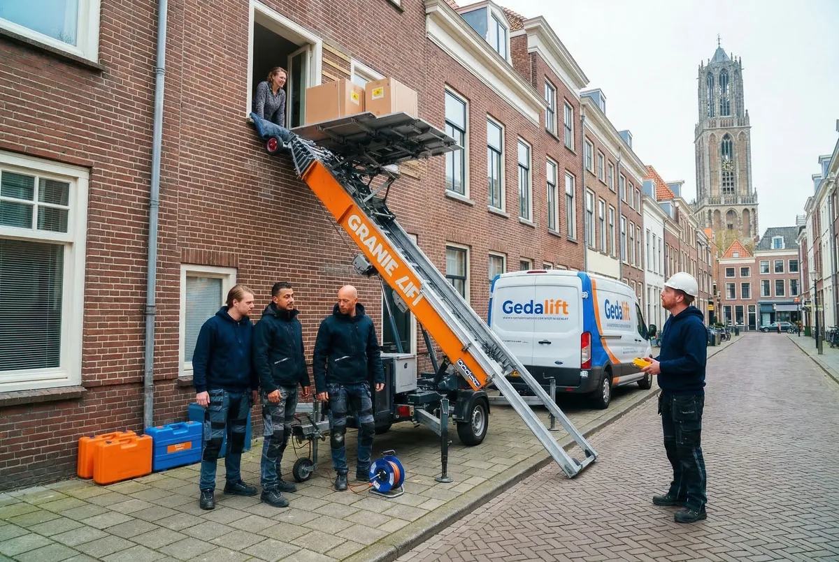 MovingLift.nl team operating a furniture lift in Utrecht